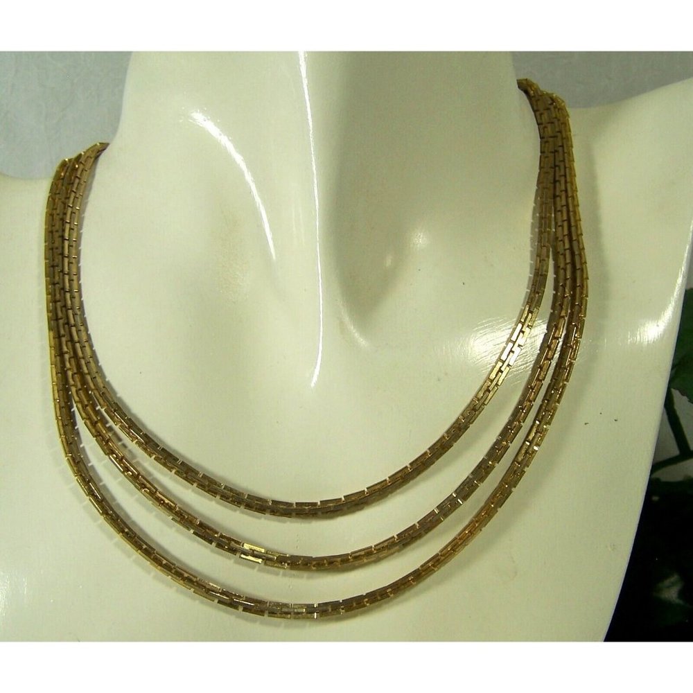 Gold Plated Multi Strand Box Chain Vintage Necklace 13 3/4" to 16 1/2" Unmarked